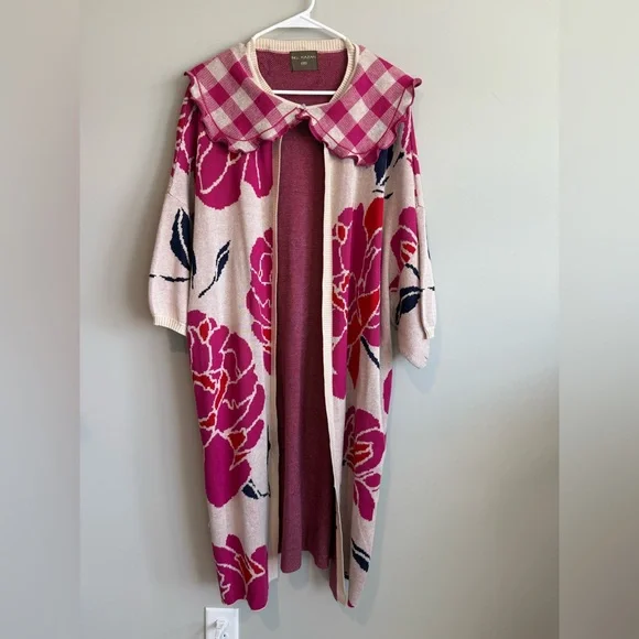 Anthropologie Bel Kazan Floral Gingham Removable Collared Duster Cardigan - Picture 8 of 15